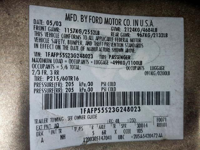 1FAFP55S23G248023 - 2003 FORD TAURUS SES GOLD photo 10