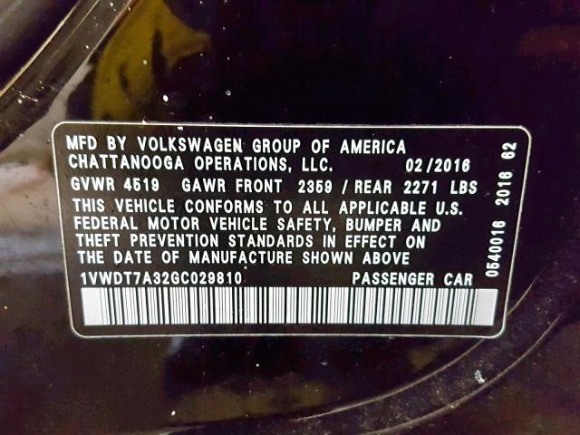 1VWDT7A32GC029810 - 2016 VOLKSWAGEN PASSAT R-L BLACK photo 10