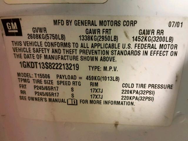 1GKDT13S822213219 - 2002 GMC ENVOY WHITE photo 10