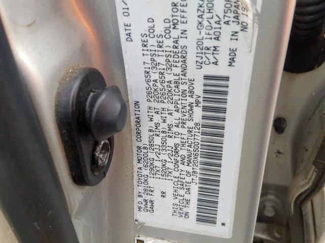 JTJBT20X650077128 - 2005 LEXUS GX 470 SILVER photo 10