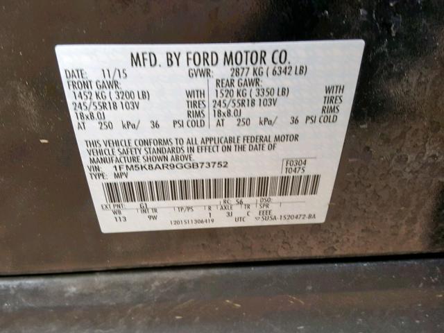 1FM5K8AR9GGB73752 - 2016 FORD EXPLORER P BLACK photo 10