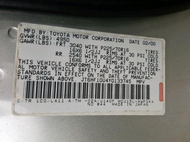 JT6HF10U4Y0133745 - 2000 LEXUS RX 300 SILVER photo 10