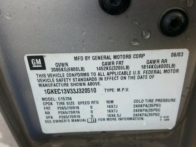 1GKEC13V33J320510 - 2003 GMC YUKON BEIGE photo 10