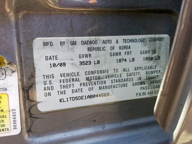 KL1TD5DE1AB044669 - 2010 CHEVROLET AVEO LS GRAY photo 10