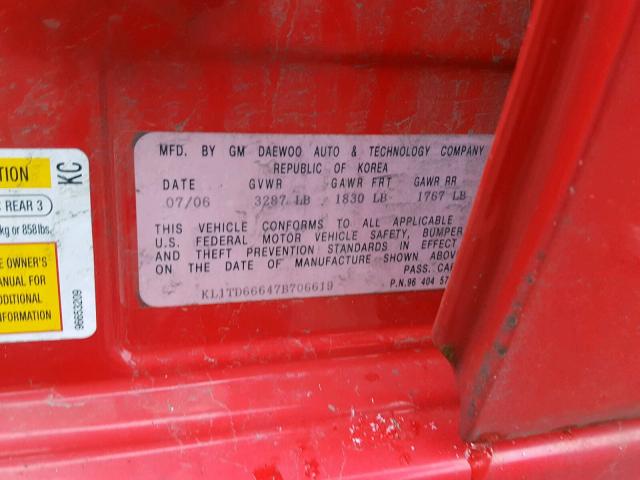 KL1TD66647B706619 - 2007 CHEVROLET AVEO BASE Қызыл фото 10