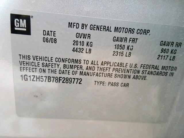 1G1ZH57B78F289772 - 2008 CHEVROLET MALIBU 1LT ვერცხლისფერი ფოტო 10