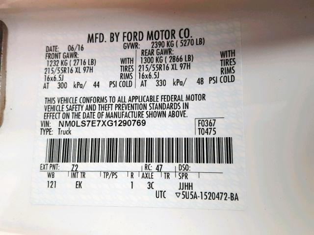 NM0LS7E7XG1290769 - 2016 FORD TRANSIT CO WHITE photo 10