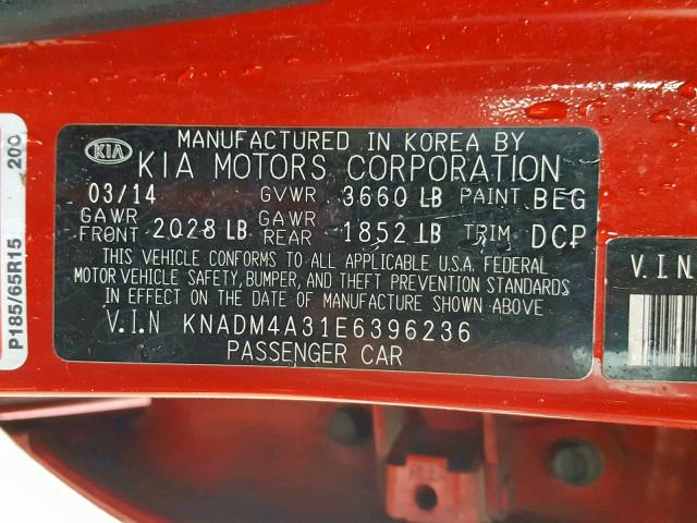 KNADM4A31E6396236 - 2014 KIA RIO LX RED photo 10