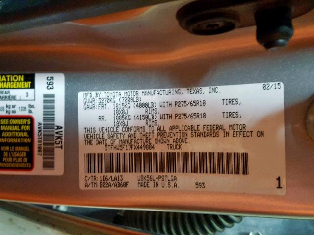 5TFHW5F17FX449884 - 2015 TOYOTA TUNDRA CRE SILVER photo 10