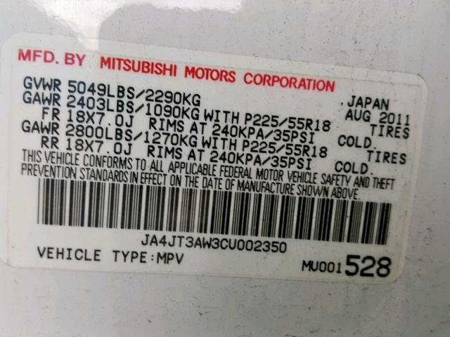 JA4JT3AW3CU002350 - 2012 MITSUBISHI OUTLANDER WHITE photo 10