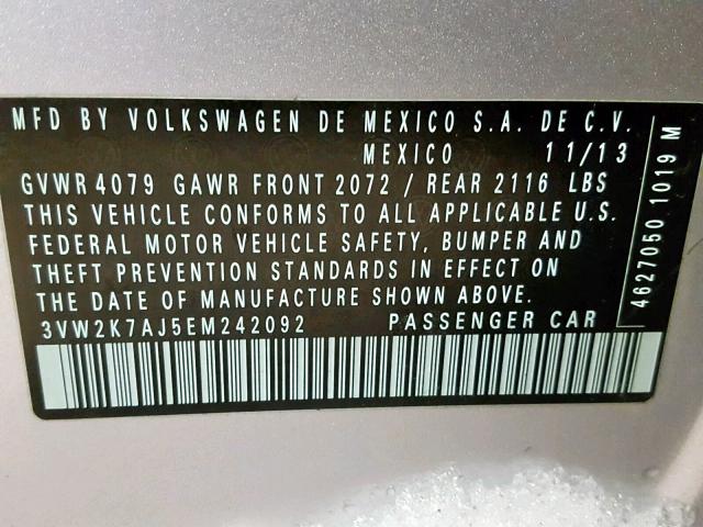 3VW2K7AJ5EM242092 - 2014 VOLKSWAGEN JETTA BASE SILVER photo 10