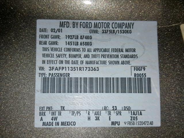 3FAFP11351R173363 - 2001 FORD ESCORT ZX2 GRAY photo 10