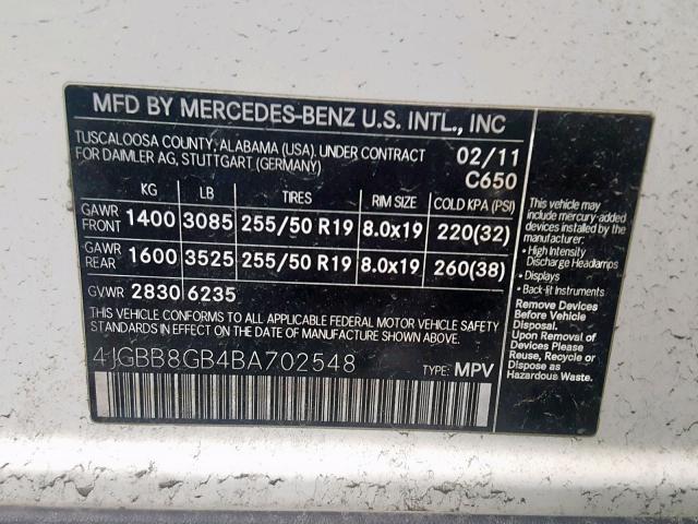 4JGBB8GB4BA702548 - 2011 MERCEDES-BENZ ML 350 4MA WHITE photo 10