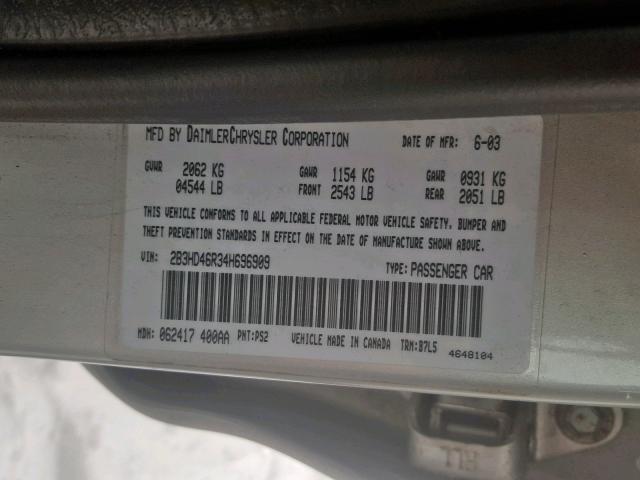 2B3HD46R34H696909 - 2004 DODGE INTREPID S 银色 照片 10