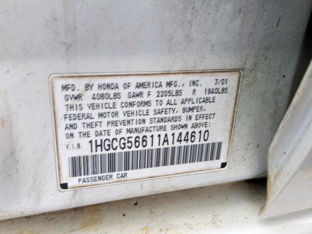 1HGCG56611A144610 - 2001 HONDA ACCORD EX 白色 照片 10