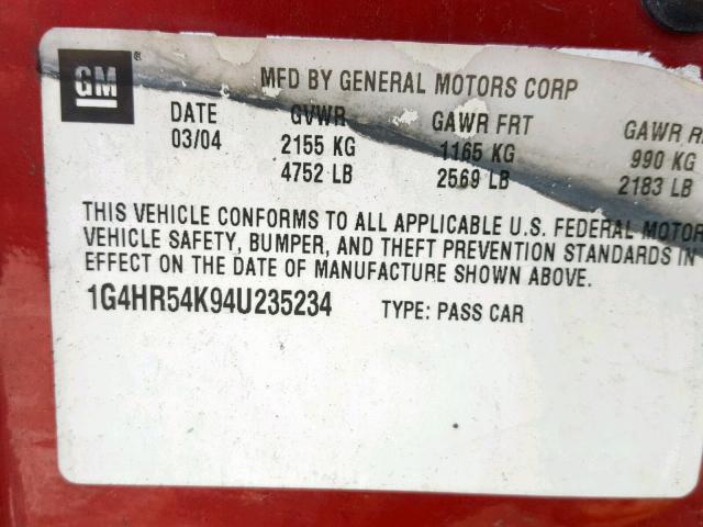 1G4HR54K94U235234 - 2004 BUICK LESABRE LI RED photo 10