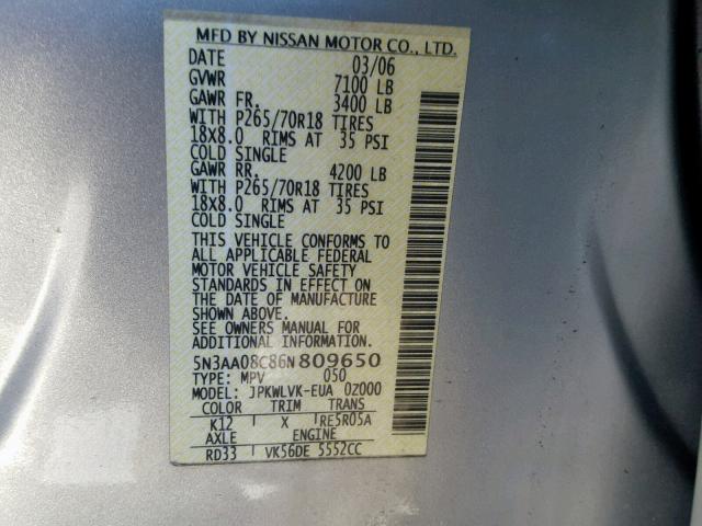 5N3AA08C86N809650 - 2006 INFINITI QX56 SILVER photo 10