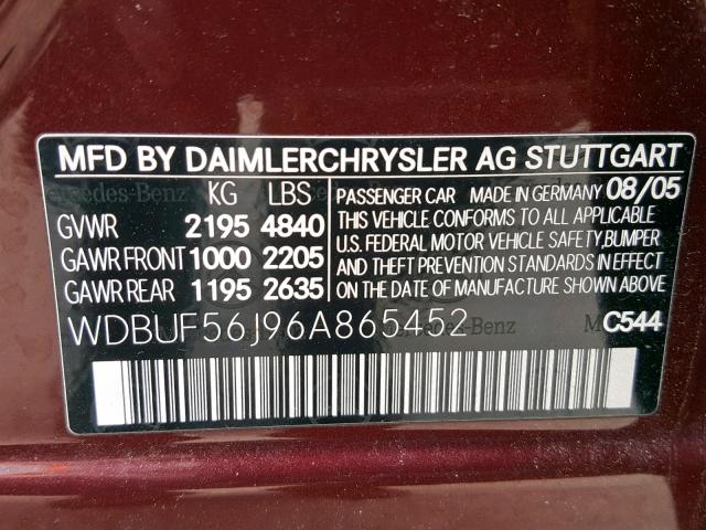 WDBUF56J96A865452 - 2006 MERCEDES-BENZ E 350 BURGUNDY photo 10