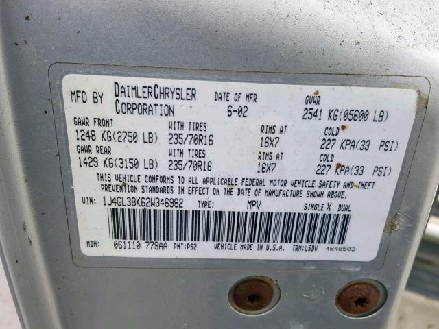 1J4GL38K62W346982 - 2002 JEEP LIBERTY RE SILVER photo 10