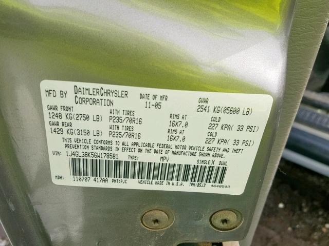 1J4GL38K56W178581 - 2006 JEEP LIBERTY RE GOLD photo 10