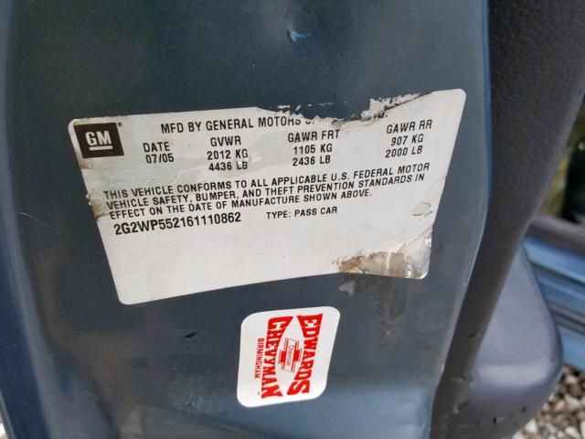 2G2WP552161110862 - 2006 PONTIAC GRAND PRIX CHARCOAL photo 10