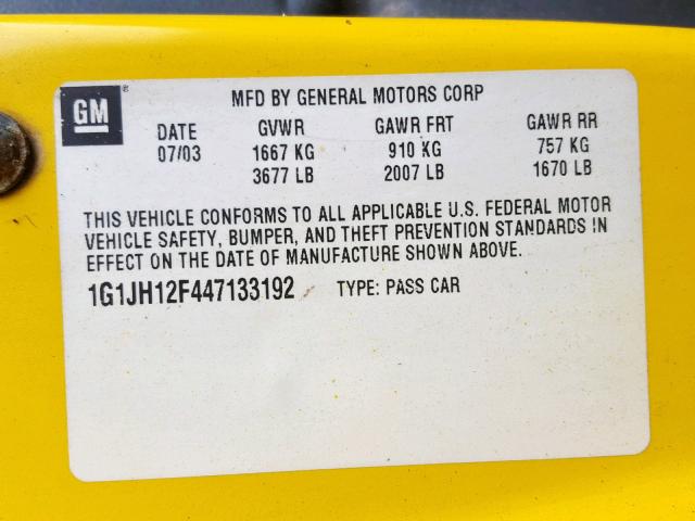 1G1JH12F447133192 - 2004 CHEVROLET CAVALIER L YELLOW photo 10