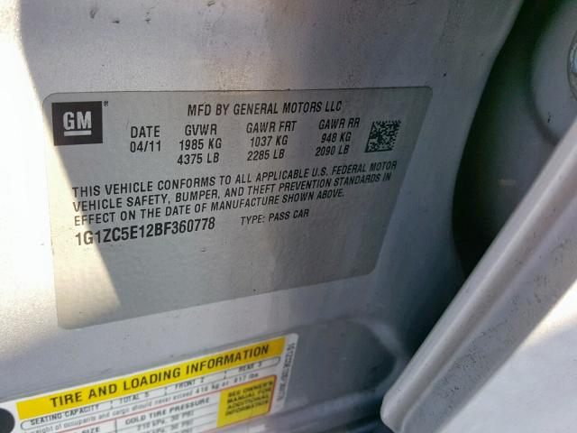 1G1ZC5E12BF360778 - 2011 CHEVROLET MALIBU 1LT ვერცხლისფერი ფოტო 10