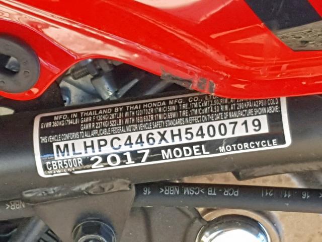 MLHPC446XH5400719 - 2017 HONDA CBR500 R RED photo 10