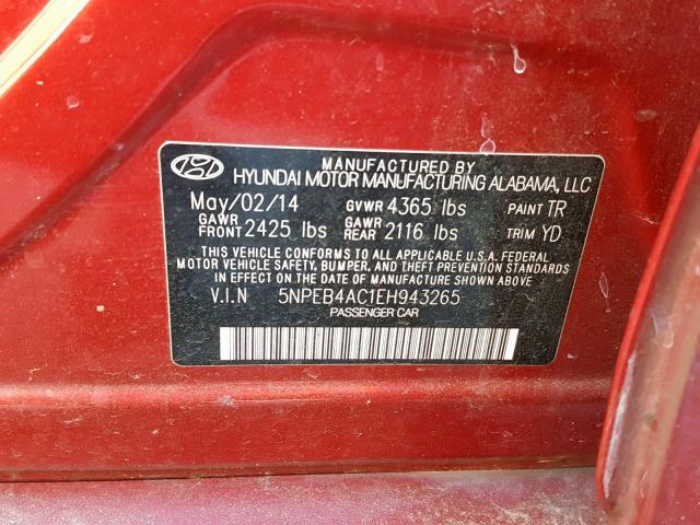 5NPEB4AC1EH943265 - 2014 HYUNDAI SONATA GLS RED photo 10