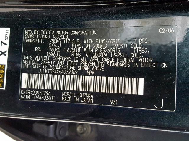 JTLKT324X64072069 - 2006 TOYOTA SCION XB Қара фото 10