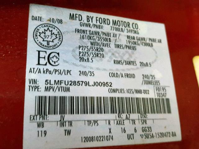 5LMFU28579LJ00952 - 2009 LINCOLN NAVIGATOR RED photo 10