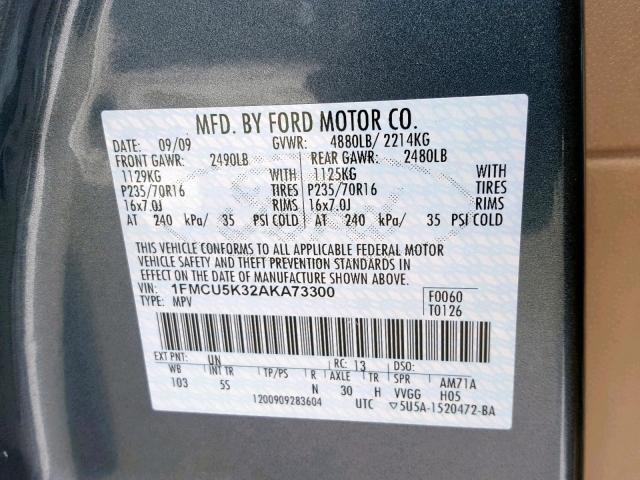 1FMCU5K32AKA73300 - 2010 FORD ESCAPE HYB BLUE photo 10