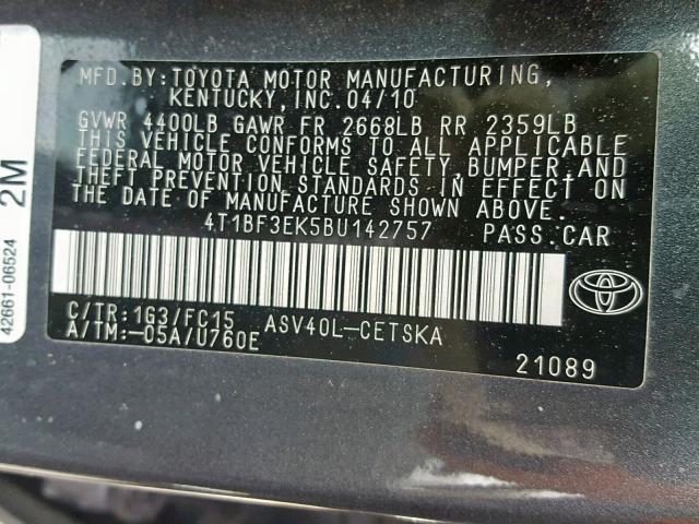 4T1BF3EK5BU142757 - 2011 TOYOTA CAMRY BASE GRAY photo 10