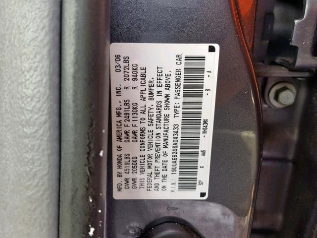 19UUA66246A043433 - 2006 ACURA 3.2TL GRAY photo 10