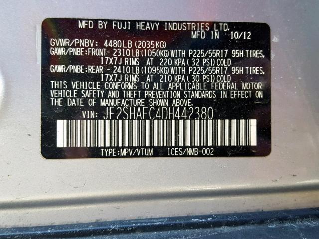 JF2SHAEC4DH442380 - 2013 SUBARU FORESTER L SILVER photo 10