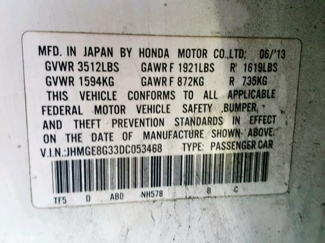 JHMGE8G33DC053468 - 2013 HONDA FIT WHITE photo 10