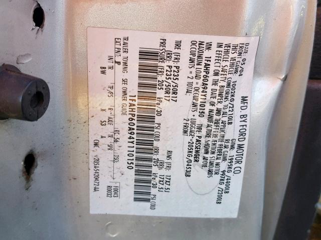 1FAHP60A94Y110150 - 2004 FORD THUNDERBIR SILVER photo 10