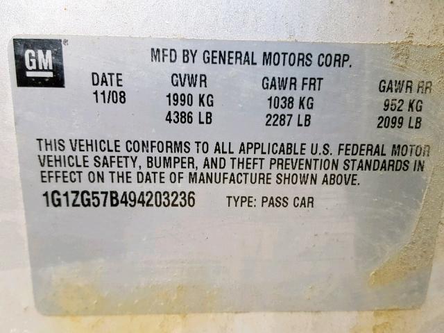 1G1ZG57B494203236 - 2009 CHEVROLET MALIBU LS Gümüş foto 10