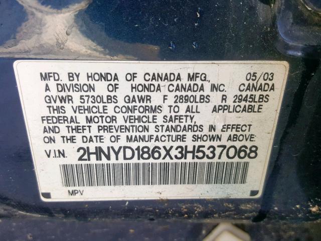 2HNYD186X3H537068 - 2003 ACURA MDX TOURIN BLUE photo 10