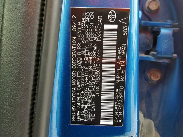 JTDKDTB35C1519775 - 2012 TOYOTA PRIUS C BLUE photo 10