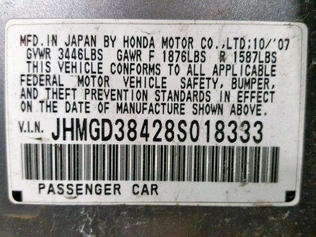 JHMGD38428S018333 - 2008 HONDA FIT GRAY photo 10