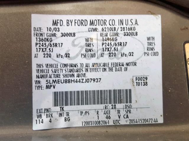 5LMEU88H44ZJ07937 - 2004 LINCOLN AVIATOR Boz foto 10