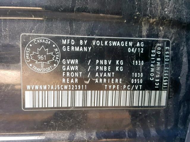 WVWNM7AJ5CW323911 - 2012 VOLKSWAGEN GOLF 黑色 照片 10