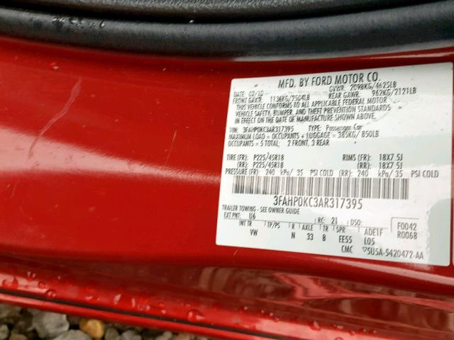 3FAHP0KC3AR317395 - 2010 FORD FUSION SPO RED photo 10