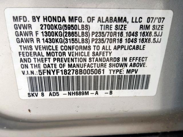 5FNYF18278B005061 - 2008 HONDA PILOT VP SILVER photo 10