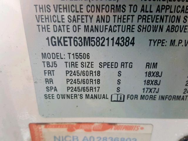 1GKET63M582114384 - 2008 GMC ENVOY DENA WHITE photo 10