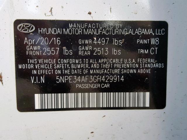 5NPE34AF3GH429914 - 2016 HYUNDAI SONATA SPO WHITE photo 10