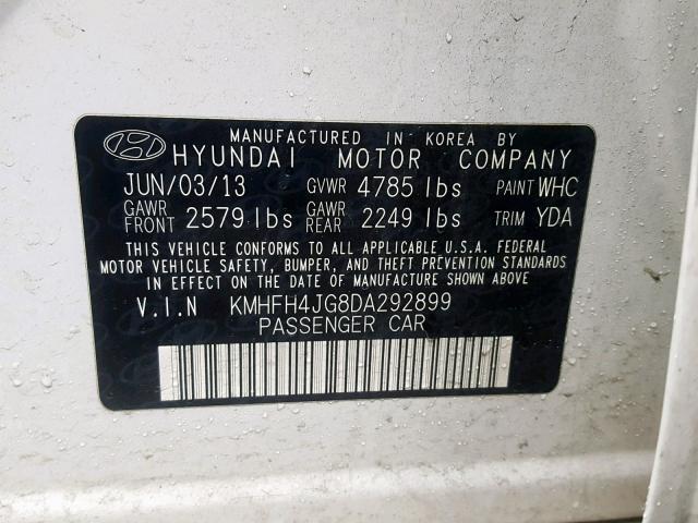 KMHFH4JG8DA292899 - 2013 HYUNDAI AZERA GLS WHITE photo 10