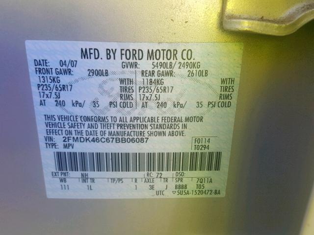 2FMDK46C67BB06087 - 2007 FORD EDGE SE CREAM photo 10