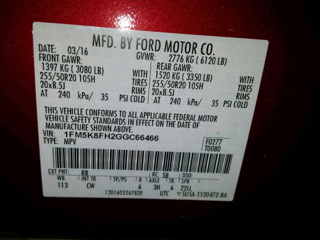 1FM5K8FH2GGC66466 - 2016 FORD EXPLORER L MAROON photo 10